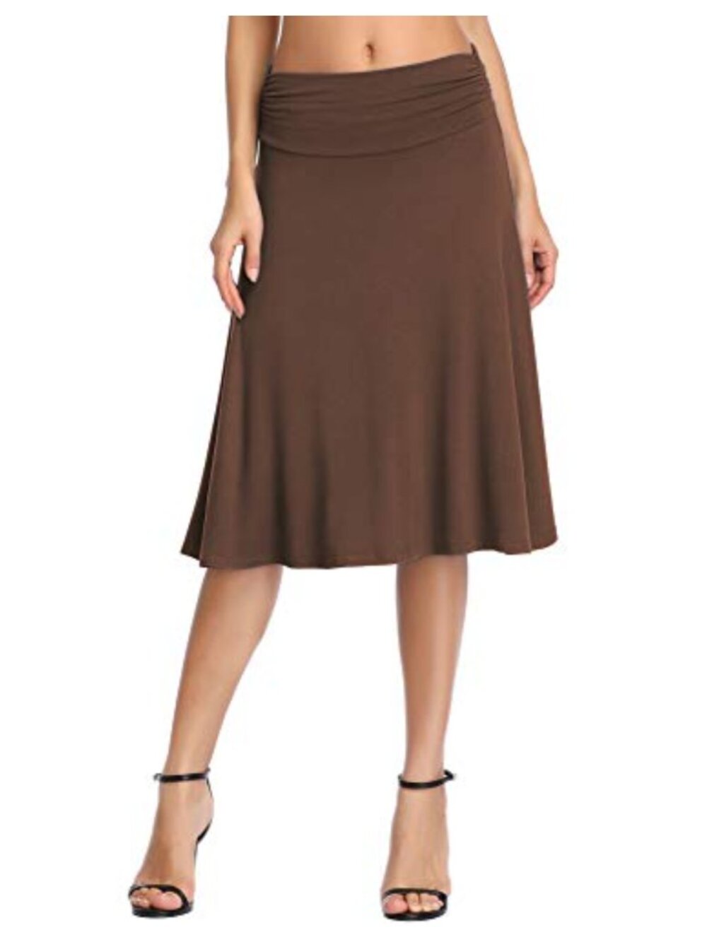 Ruched High Waist Midi A-Line Skirt Stretchy Flared Casual